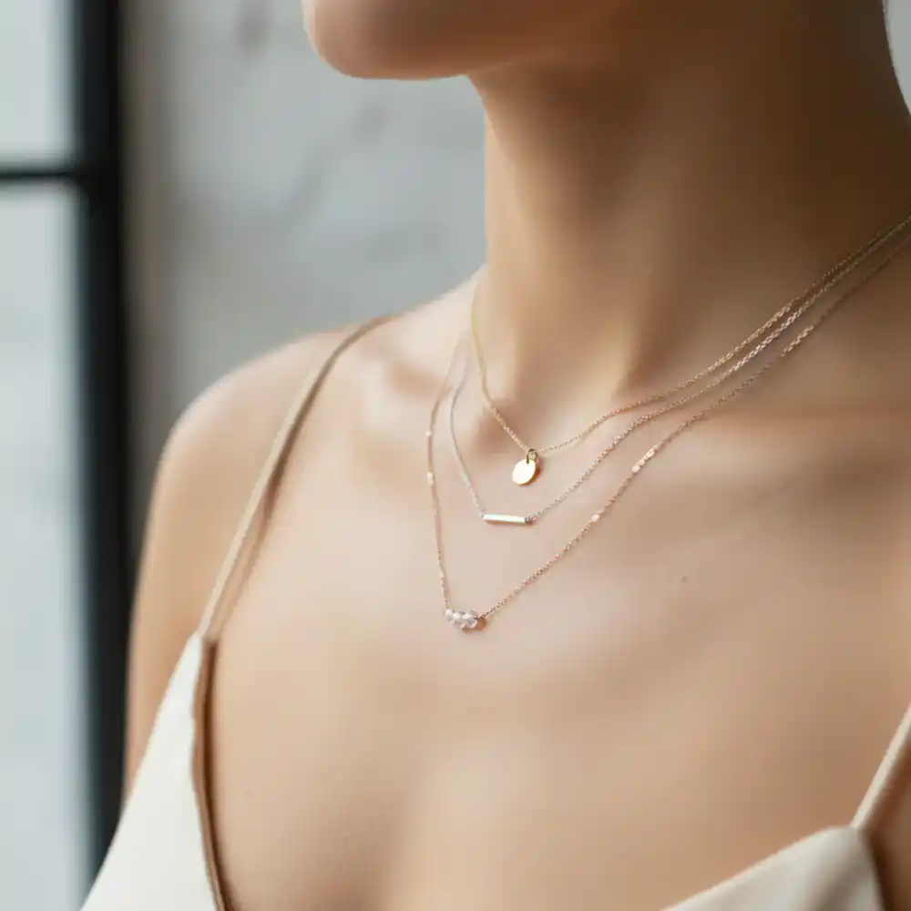Layered necklaces on collarbone