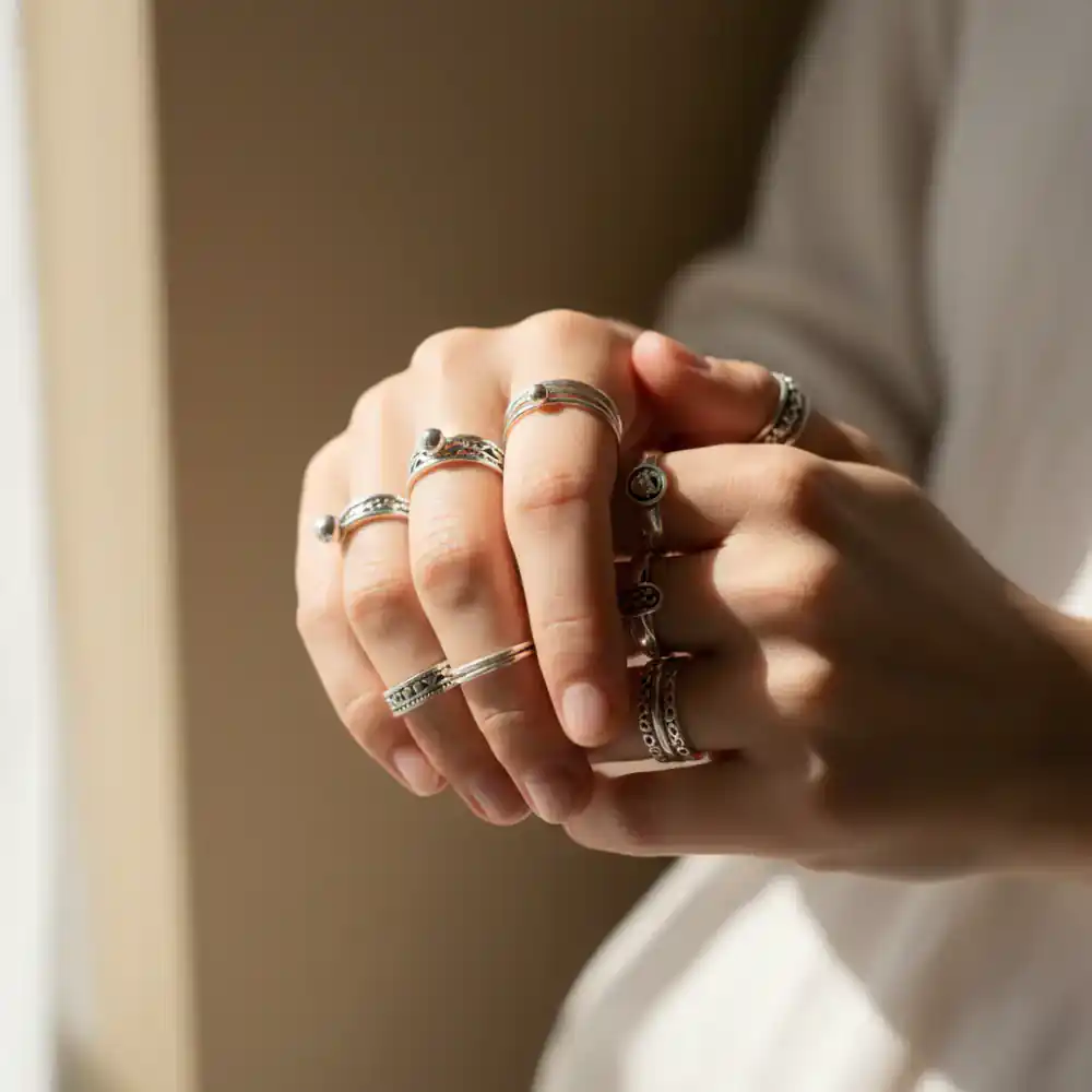 Hands with multiple silver rings